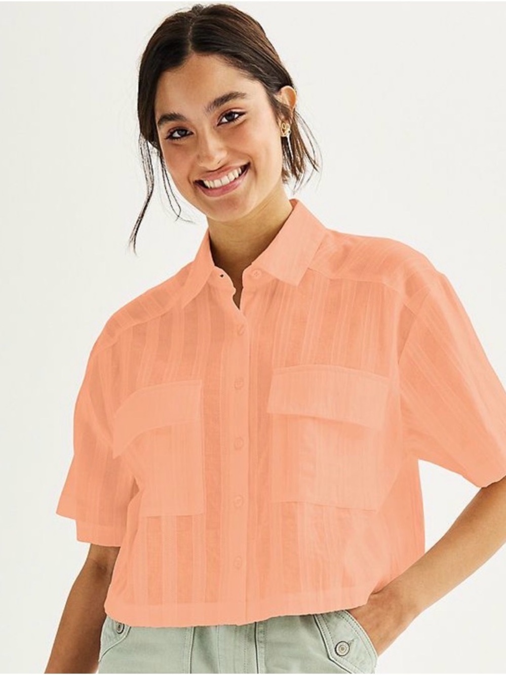 Dizzy Lizzy Women’s Orange Button Front Cropped Camp Shirt, Size XS